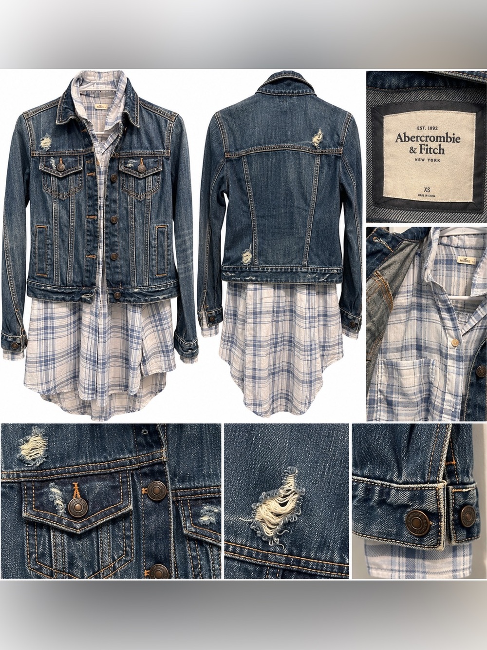 Abercrombie & Fitch Women's Distressed Denim Jacket XS+ Hollister Shirt Small